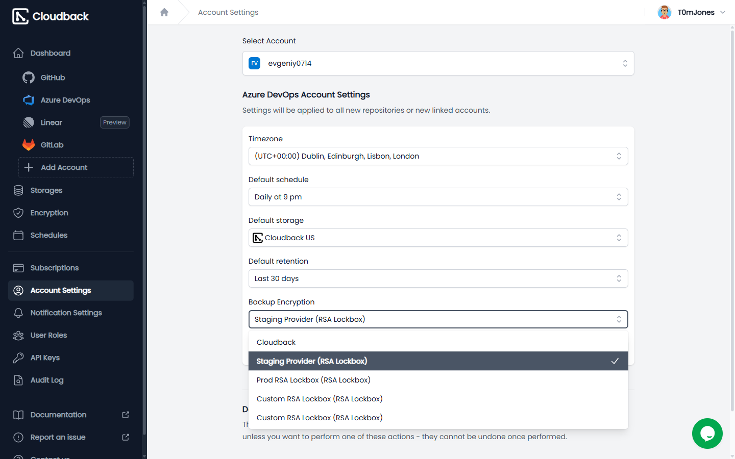Account Settings - Backup Encryption dropdown