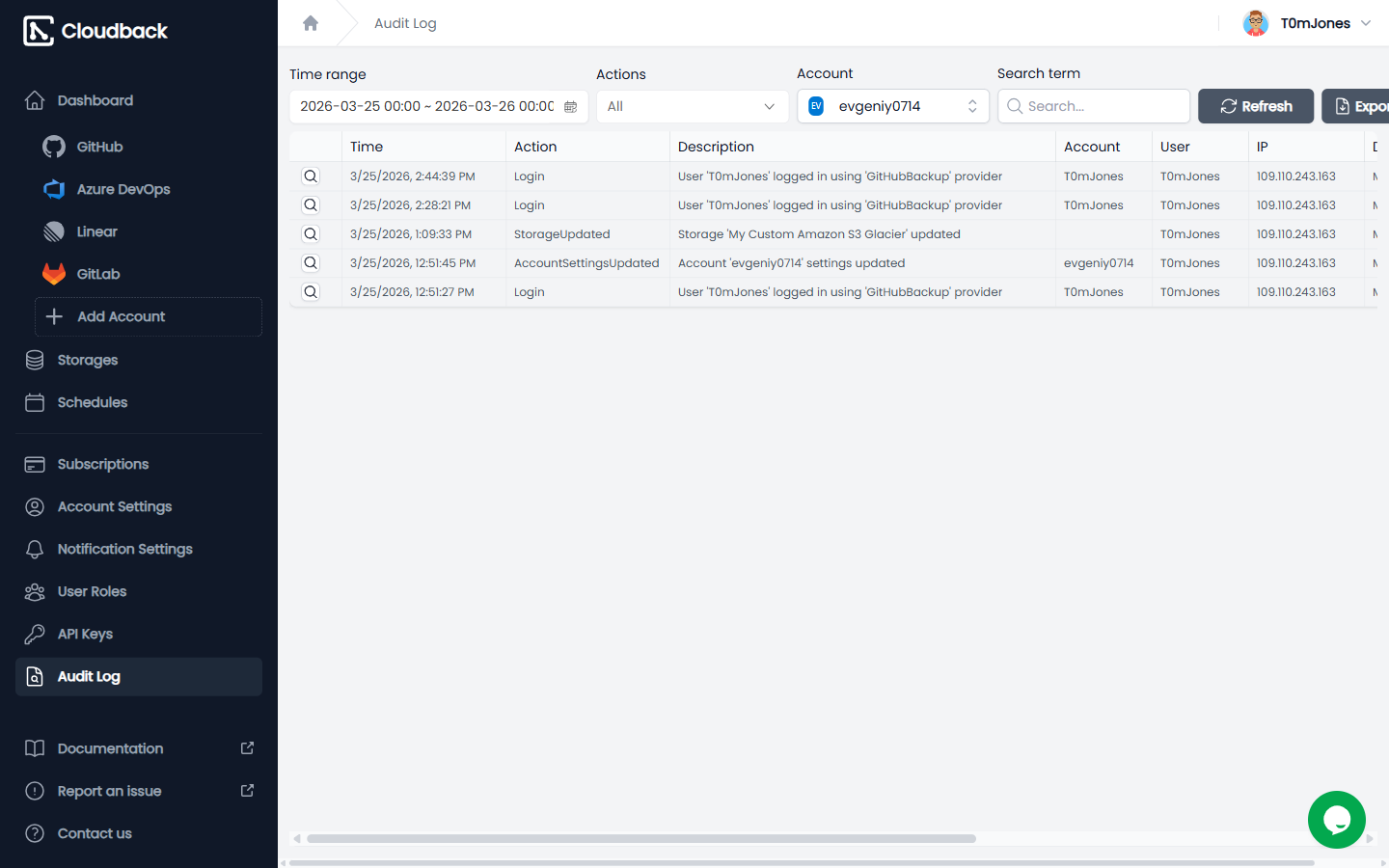 Audit Log page