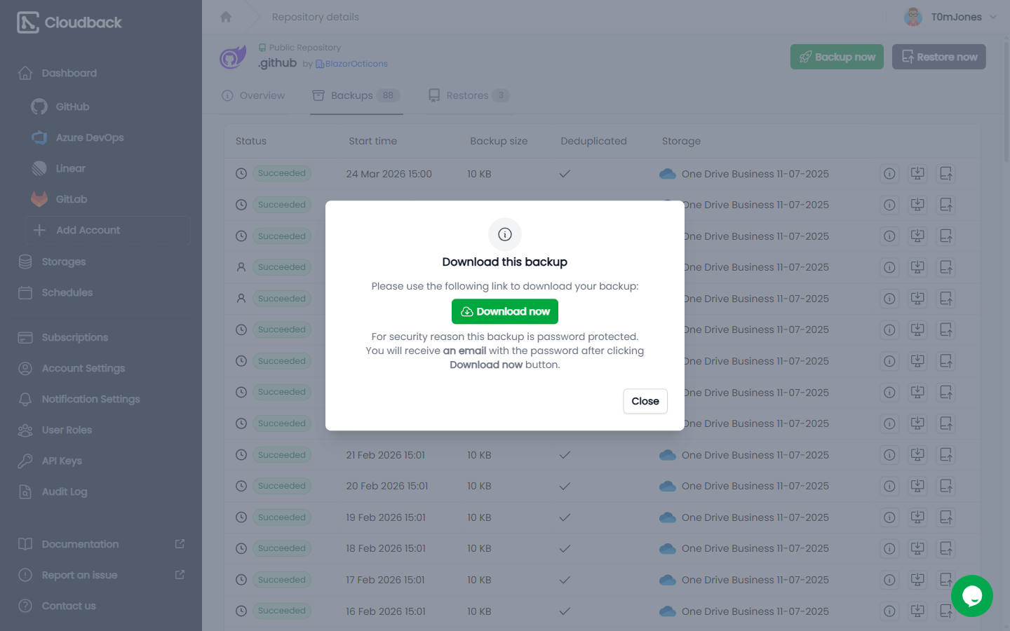 Backup download dialog