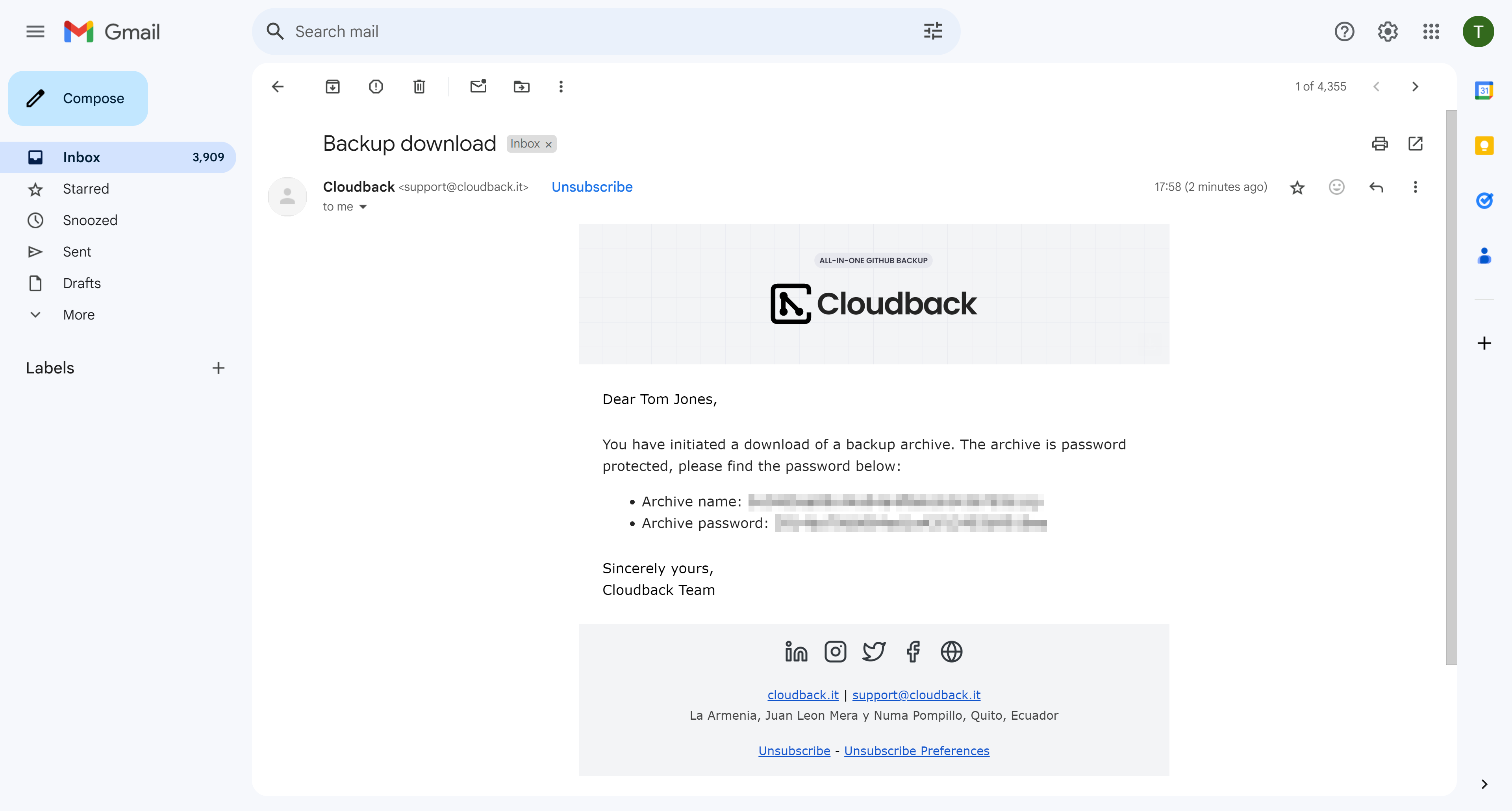 Email with backup archive password