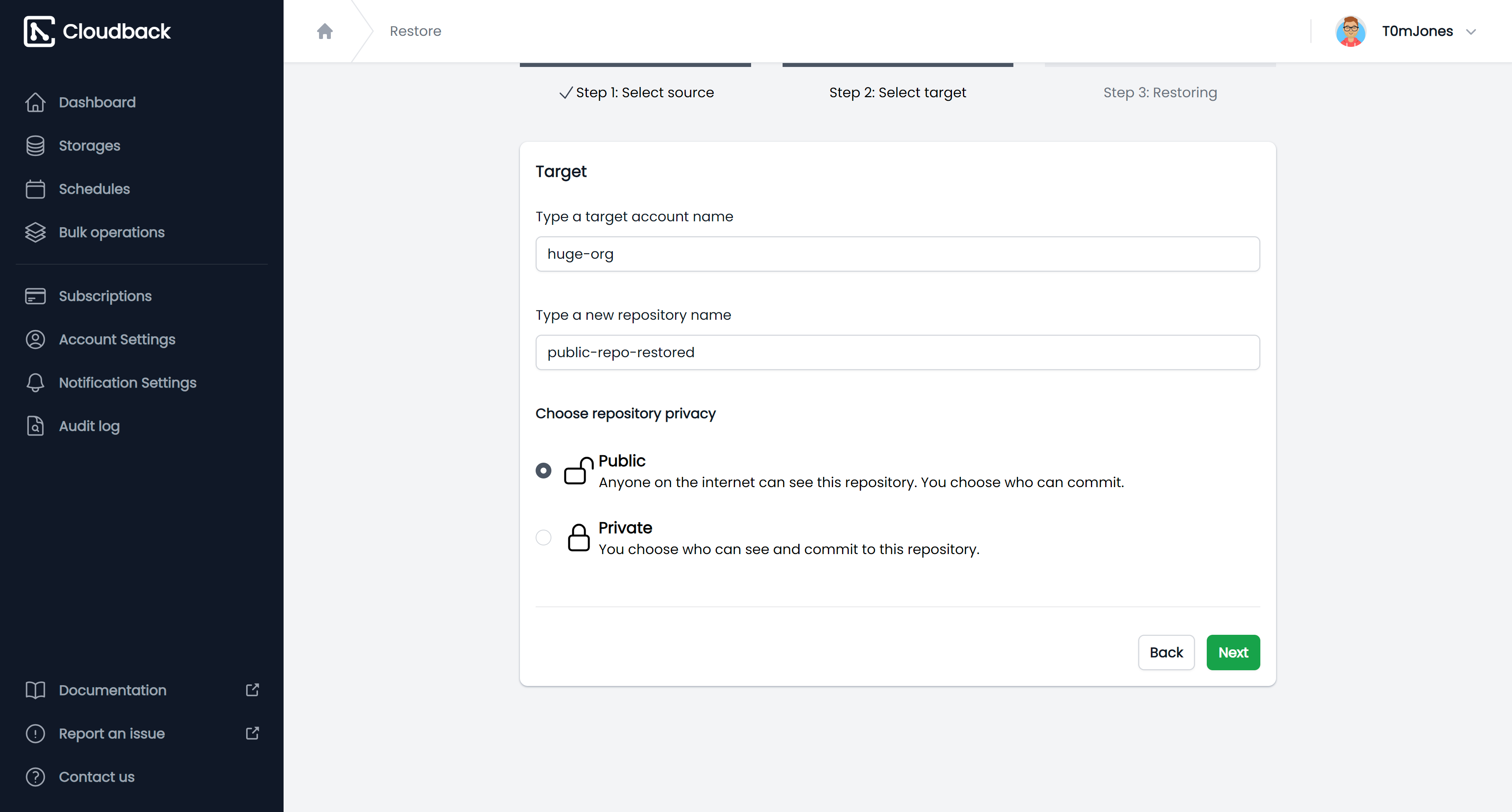 Select repository for restore