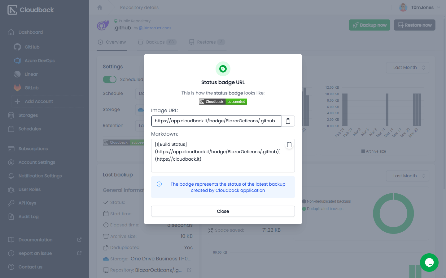 Backup status badge dialog