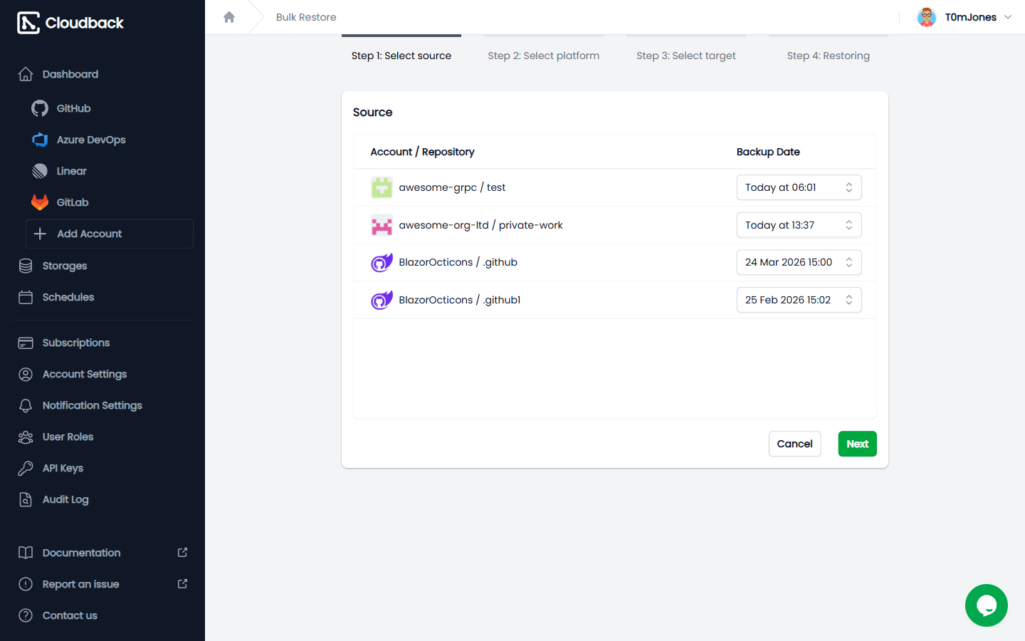 Review selected backups