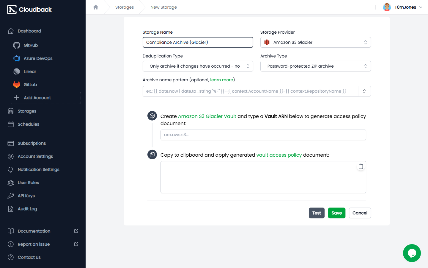Amazon S3 Glacier storage settings