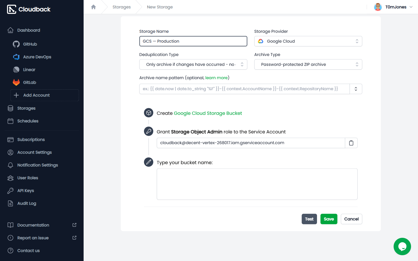Google Cloud storage settings