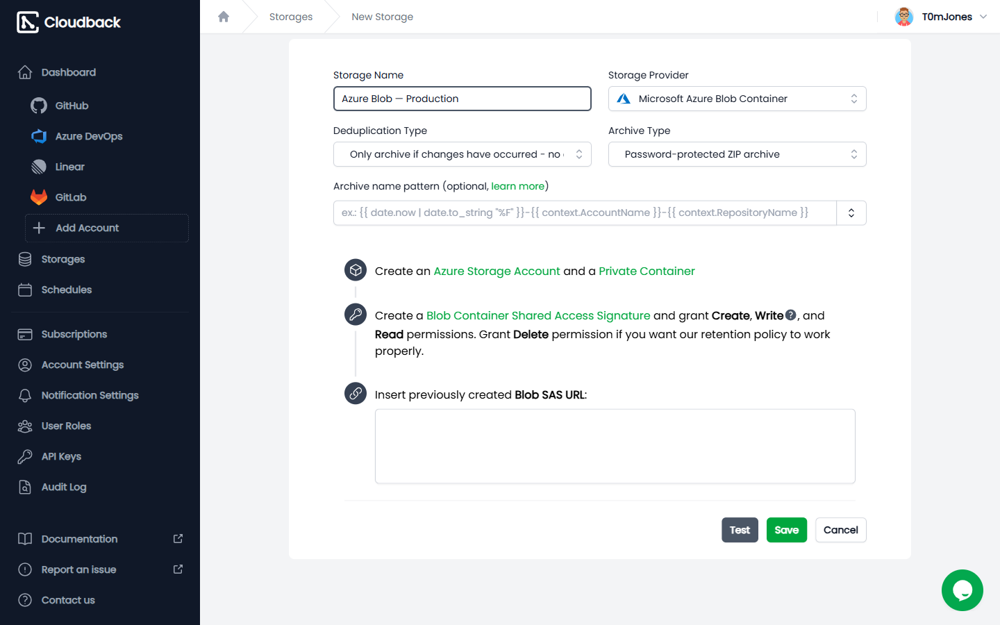 Microsoft Azure Blob Containers storage settings