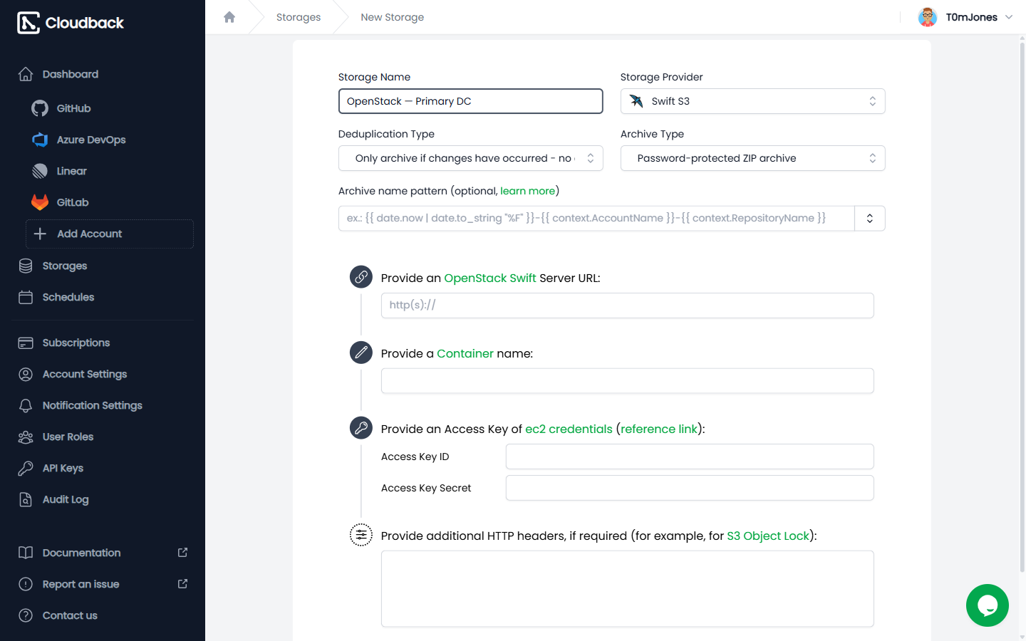OpenStack Swift storage settings