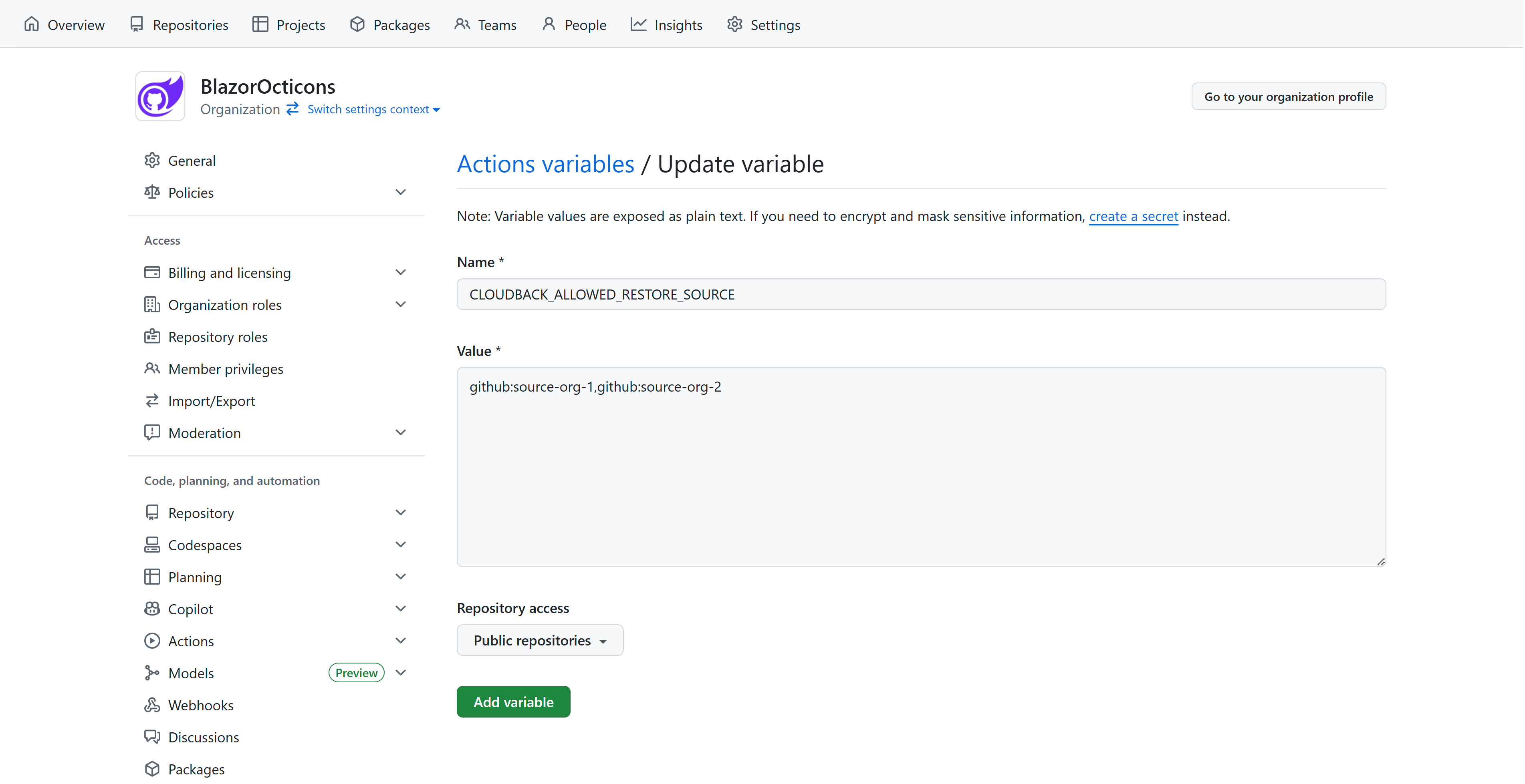 Create organization variable